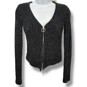 Chenille Crop Zipper Front Sweater Black Ling sleeve Y2K emo goth